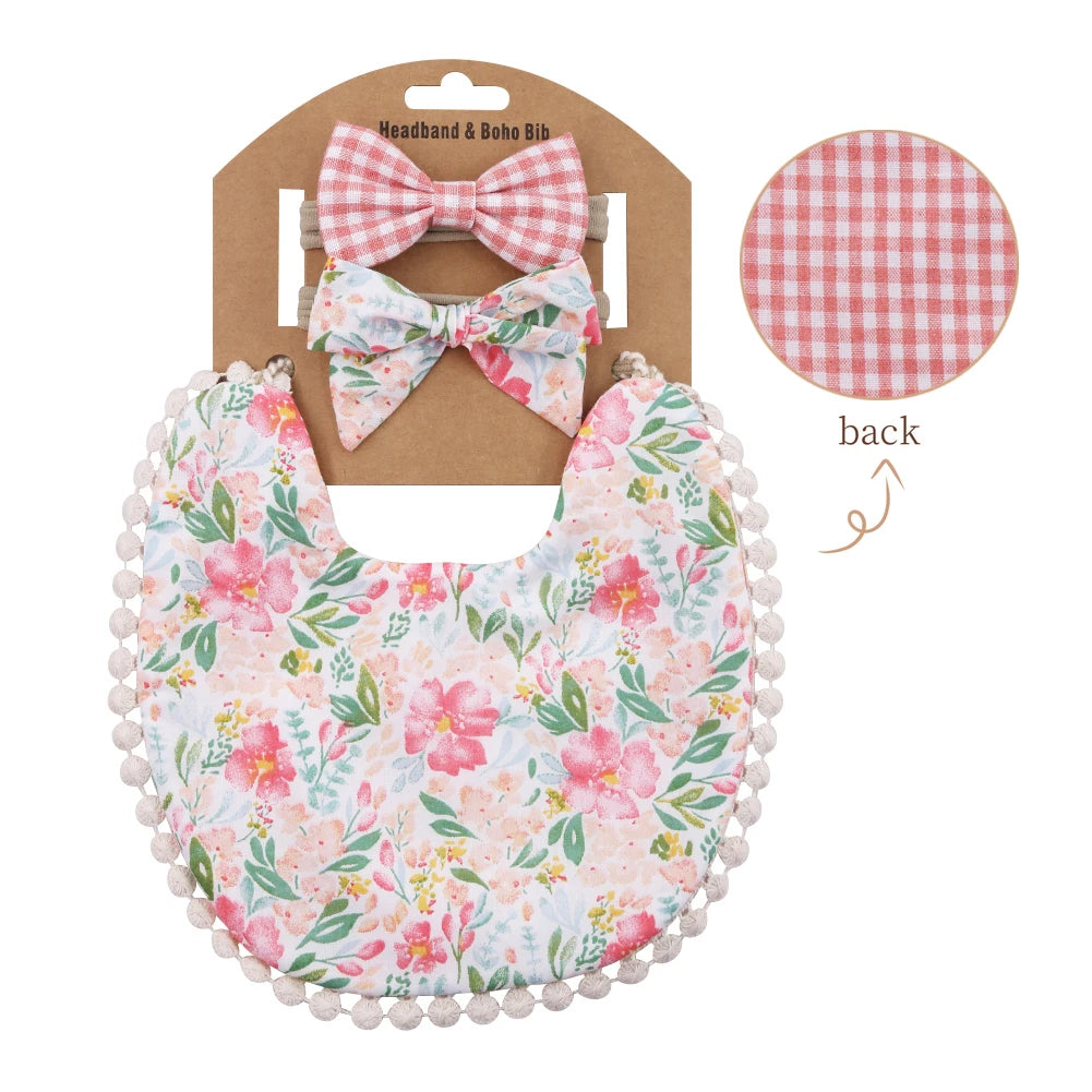 Set of three flower print cotton linen baby bibs, elastic nylon headbands, and double-deck saliva towels for feeding and burping.