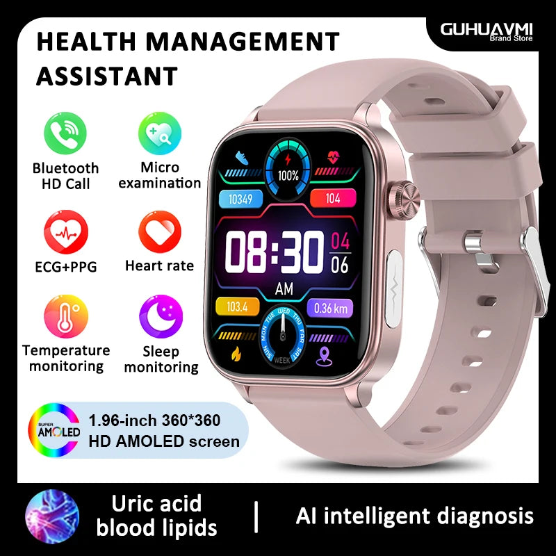 2026 New Blood lipids Uric Acid testing Smart Watch Men ECG+PPG Blood Pressure blood oxygen Bluetooth Call Health smartwatch iOS