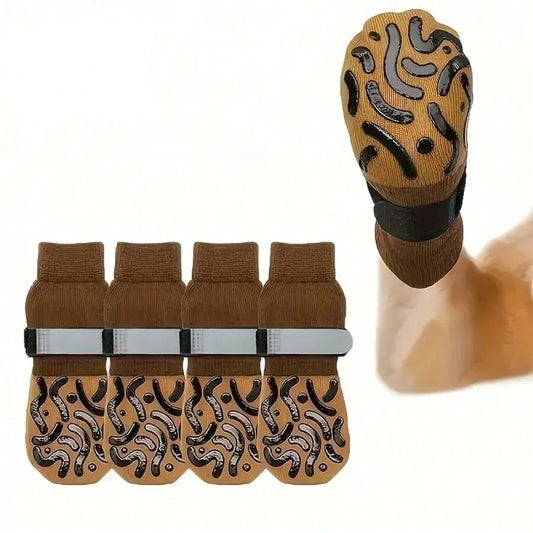 Pair of I YAN double-sided anti-slip dog socks with strong traction paw protectors, showing the textured soles for grip and comfort.