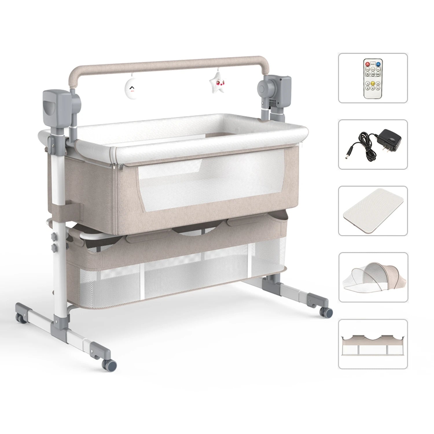 Baby bassinet by I YAN with automatic electric rocking, foldable travel co-sleeper for infants, includes remote control for soothing.