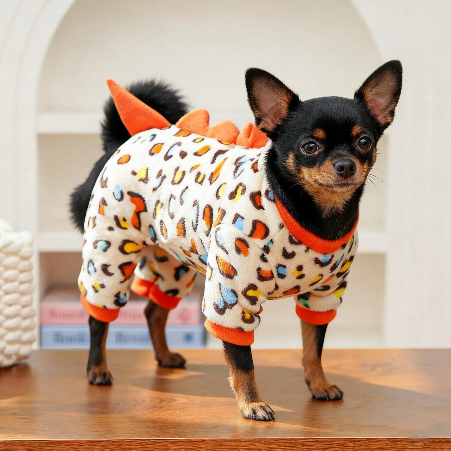 Leopard Dinosaur Dog Pajamas – Warm Fleece Jumpsuit for Small Dogs