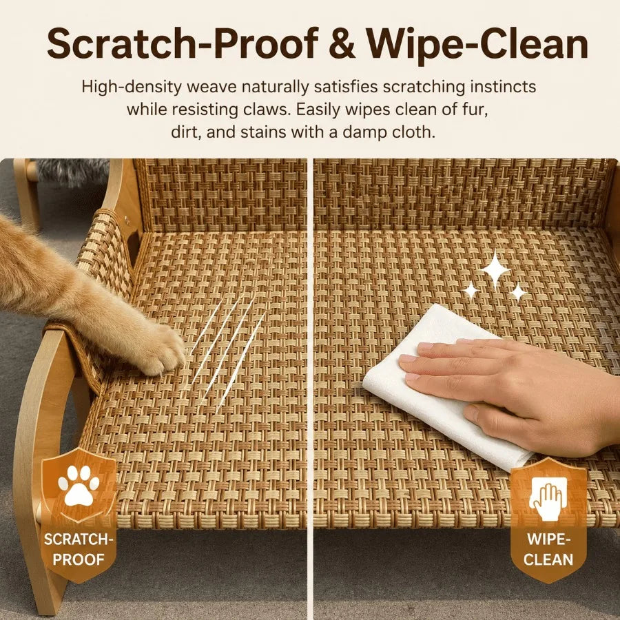 Cat Sofa Bed for Indoor Cats, Elevated Cat Couch with Wooden Frame, Washable Fluffy Cushion, Cooling Mat Cushion, Raised Pet Be