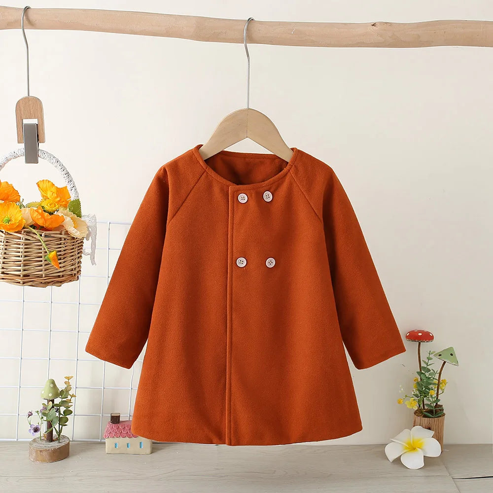 Children's New Girls' Round Neck Raglan Sleeve Woolen Coat Children's Autumn and Winter Westernized Solid Color Woolen Top