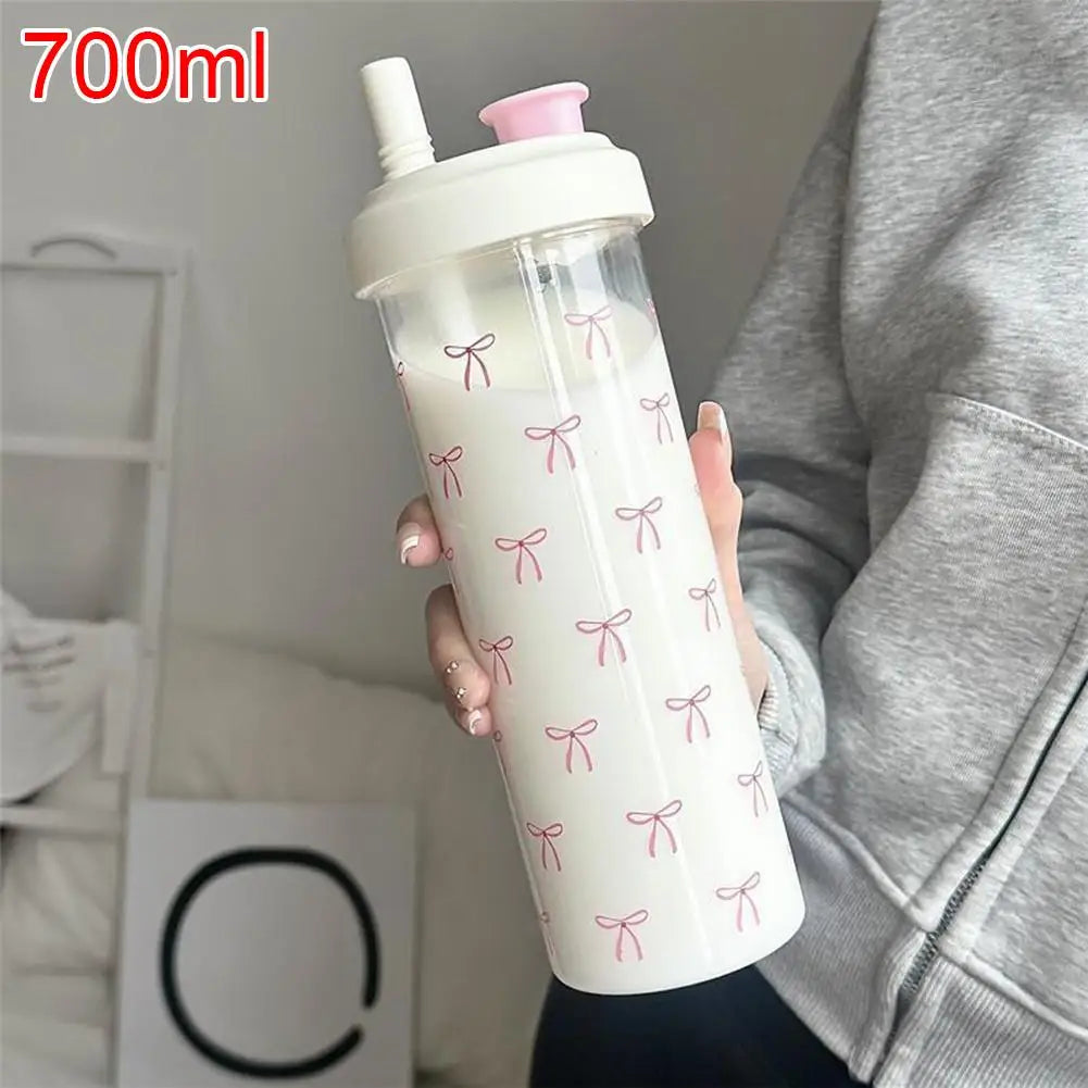 Pink Bow Tumbler Transparent Straw Water Cup Cute Portable Water Bottle For Outdoor School Drinking Water Bottles ﻿