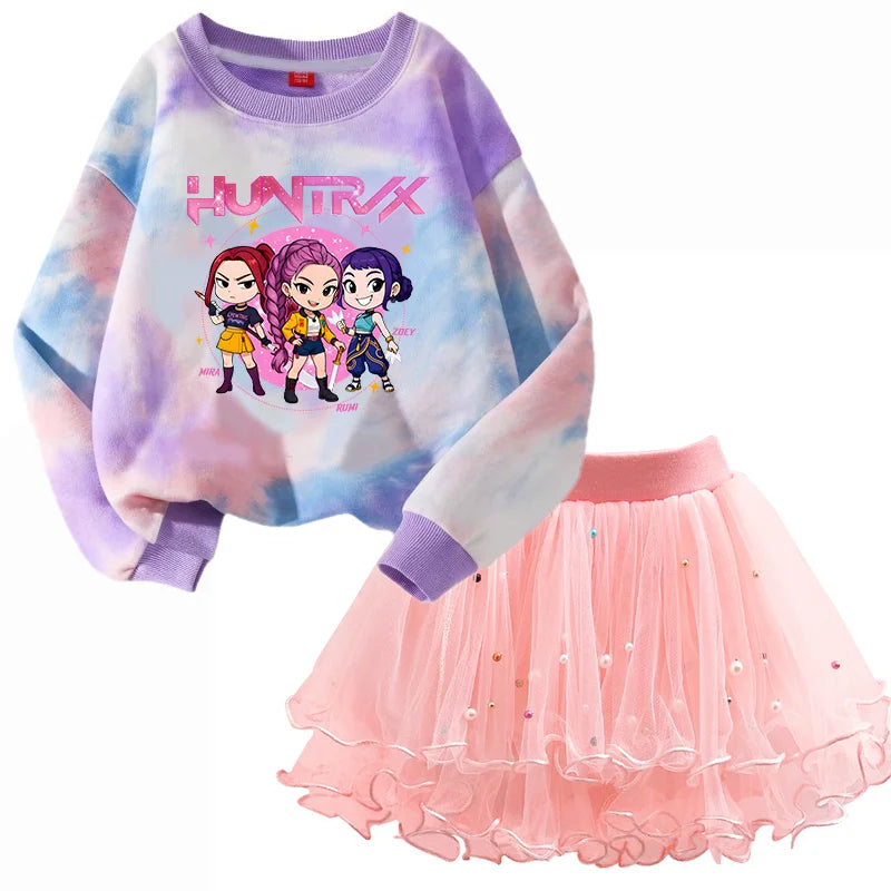 K-Pop Hunters Zoey Mira Rumi Children Sweaters Girls Tie-dye Sweatshirt Pink Pullovers Kids Tops Tulle Princess Dresses Suit