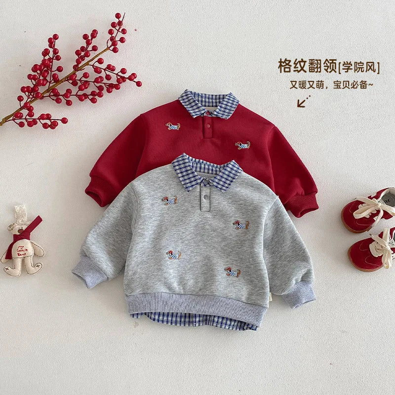 Children's Hoodie 2025 New Winter Boys' Fashionable Lapel and Fleece Pullover, Baby Red New Year's Clothing