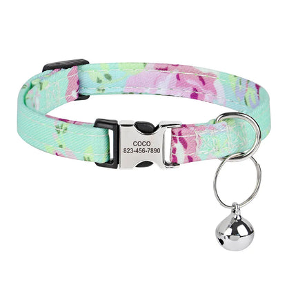 I YAN personalized kitten cat collar with bell, quick-release safety buckle, and engraved ID tag, shown in a close-up image.