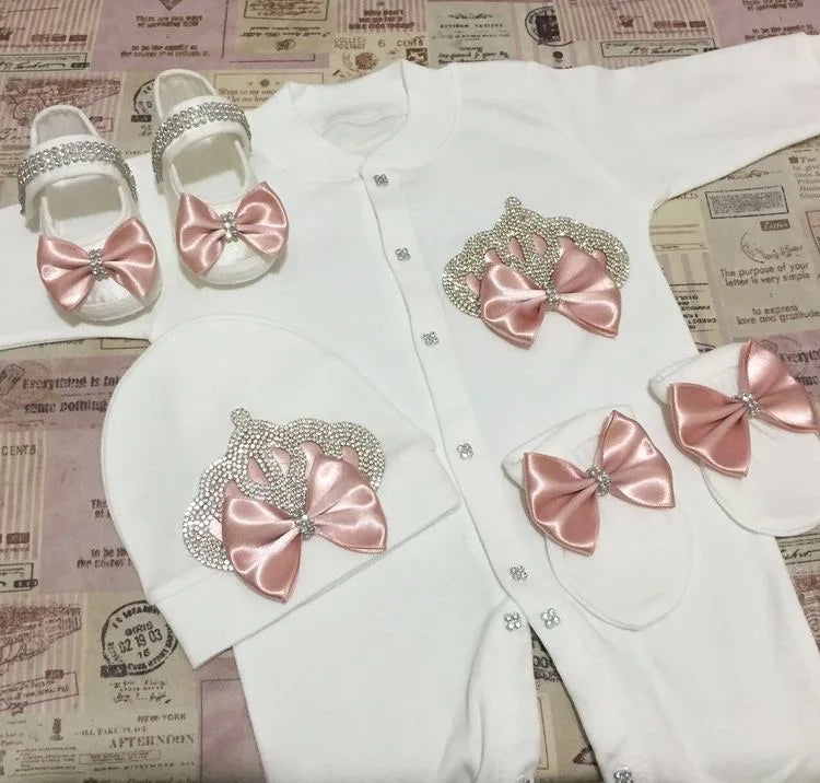 Luxury Newborn Baby Romper Set 4-Piece – Crystal Crown Layette for Photography & Coming Home - I YAN