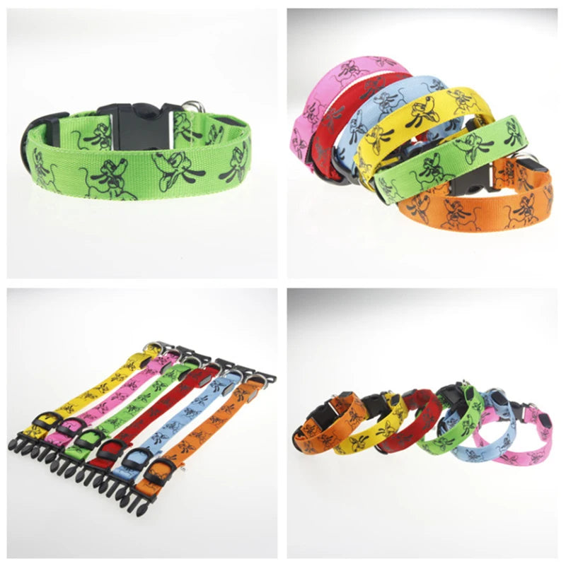 Bright LED dog collar by I YAN with luminous nylon strap for night safety and visibility in dark outdoor conditions.