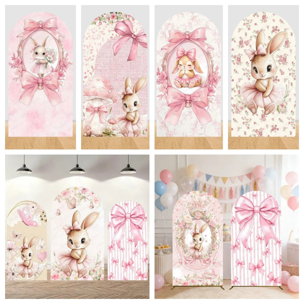 Little Rabbit Pink Flower Bow Baby Girl Birthday Party Arch Backdrop Cover Bunny Baby Shower Arched Photo Background Decor Props