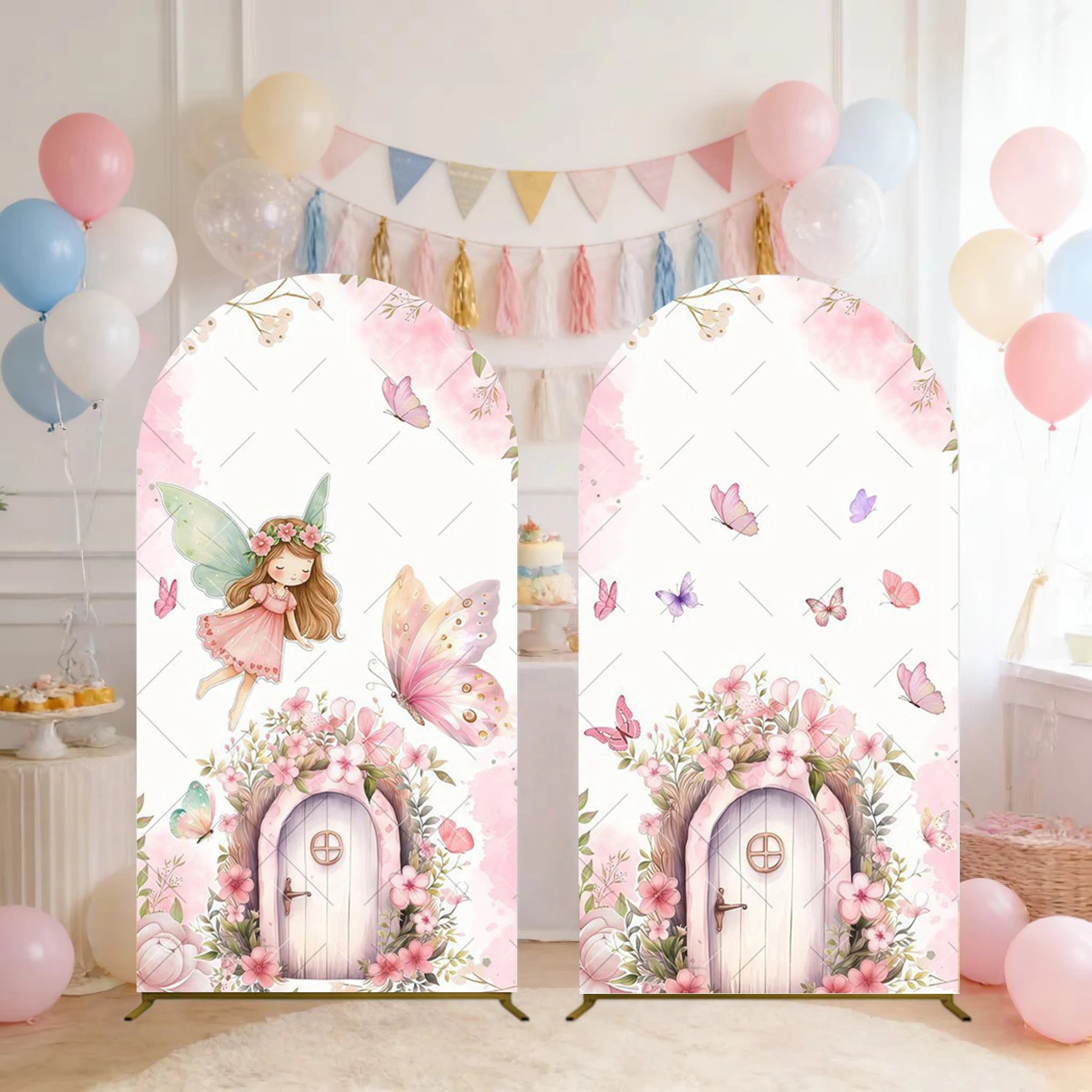 Fairy Woodhouse Arch Backdrop Cover Girl Birthday Party Baby Shower Pink Floral Butterfly Arch Background Photography Decoration