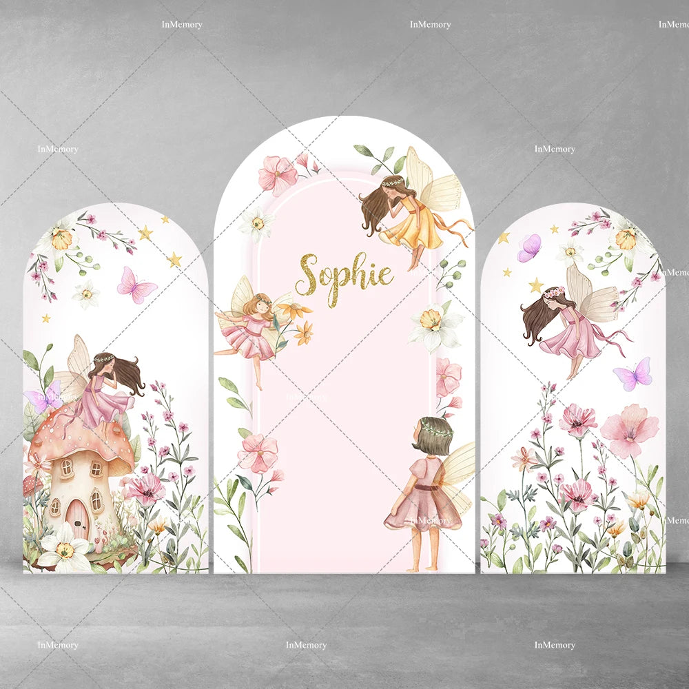Fairy Girl 1st Birthday Party Arch Backdrop Spring Garden Pink Purple Butterfly Floral Mushroom Door Baby Shower Backgrounds