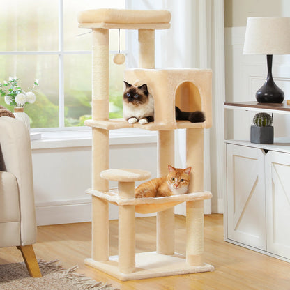 I YAN 5-level cat tree with top perch, soft condo, sisal scratching post, hammock, pompom, and anti-tip kit for cats.