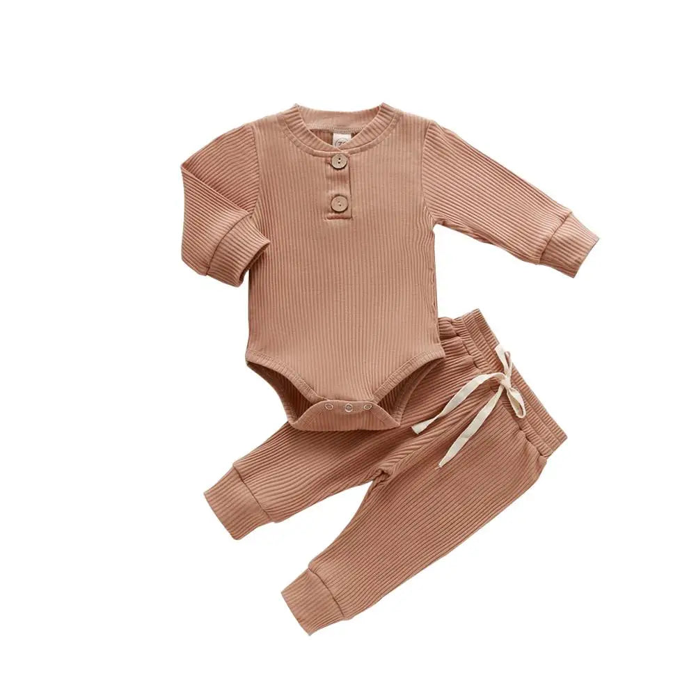 I YAN infant baby girl or boy spring autumn ribbed and plaid long sleeve bodysuits with elastic pants 2-piece clothing set