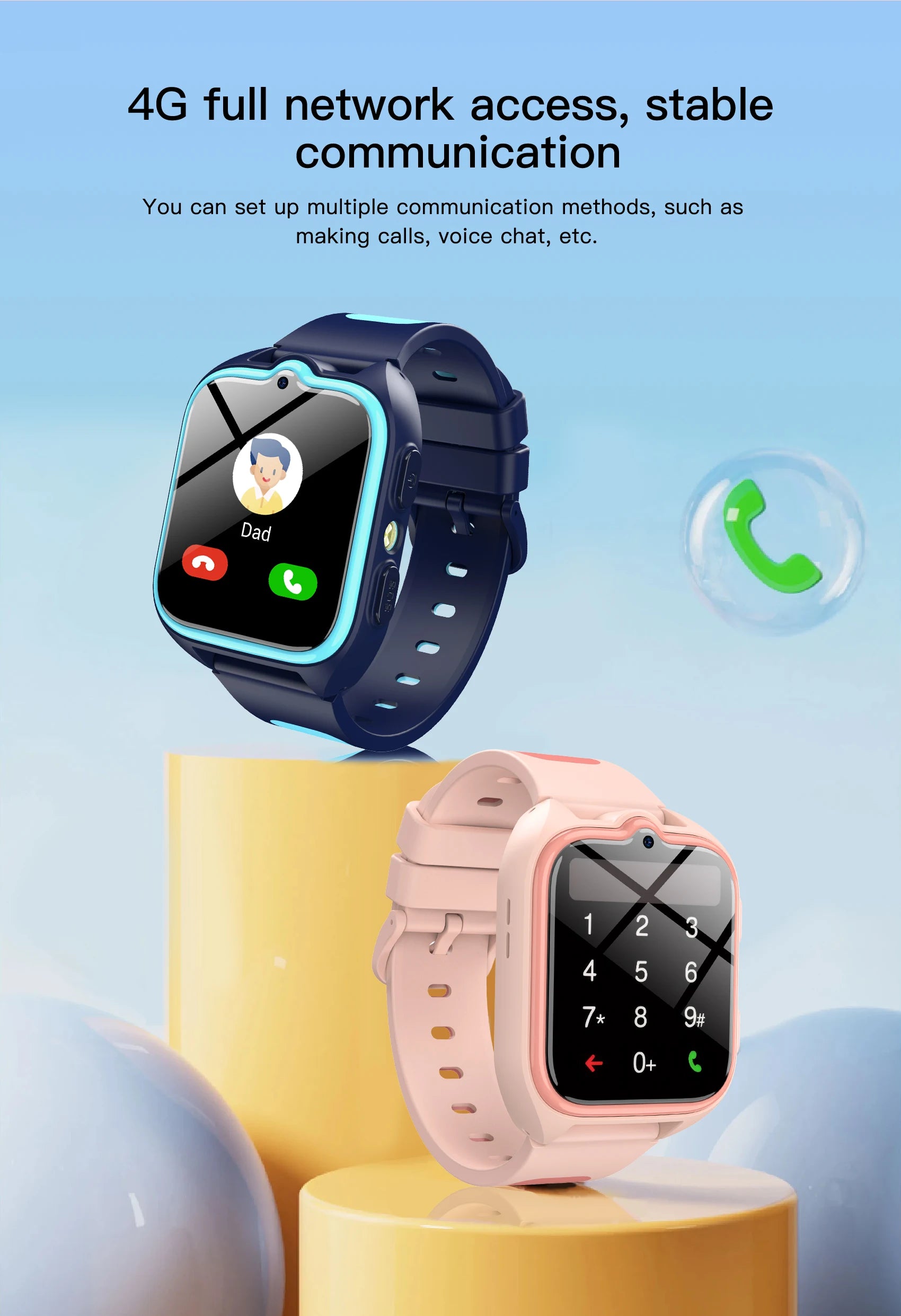 Blackview Z30 kids smart watch by I YAN with GPS, WiFi, 4G video call, and AI positioning, displayed on a child-friendly smartwatch screen.