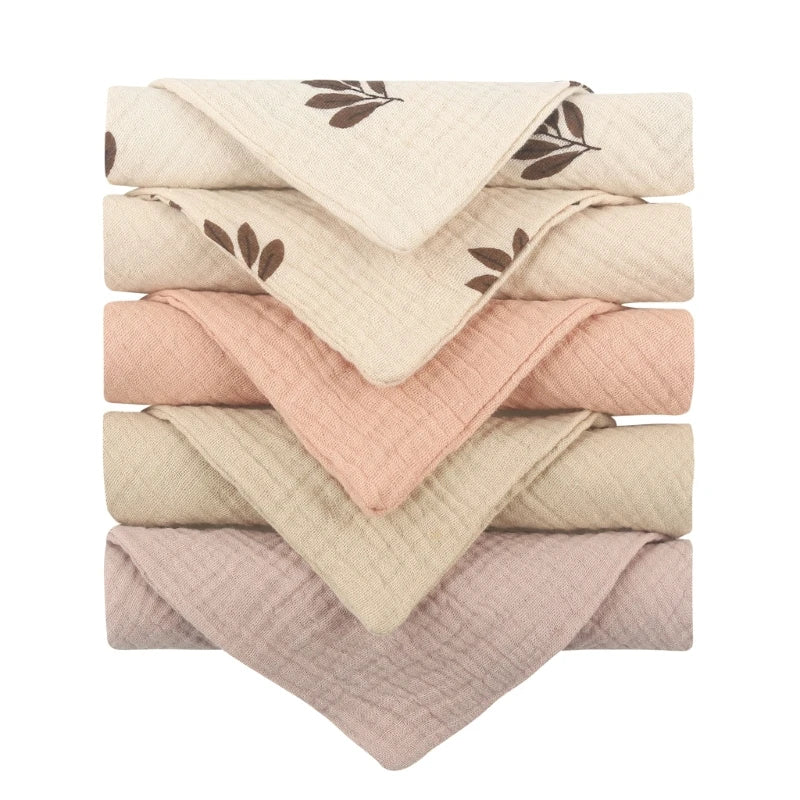 Set of 5 I YAN square cotton baby face towels and burp cloths with soft, absorbent gauze fabric for babies and kids.