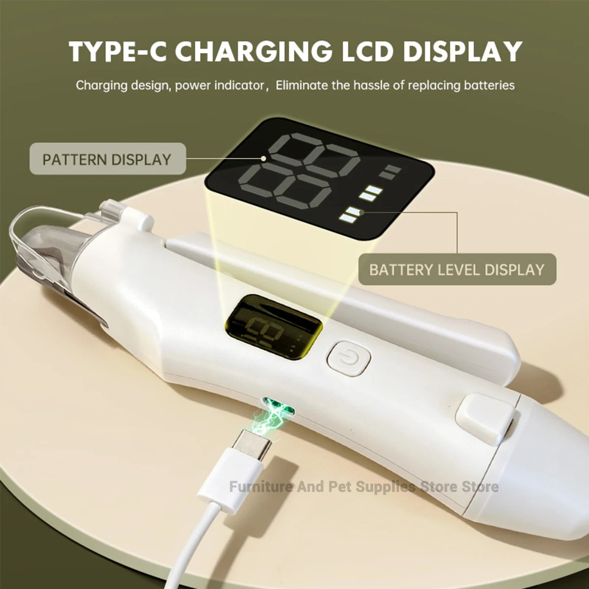 I YAN 2-in-1 electric pet nail trimmer with LED lights, showing a compact dog and cat nail grinder for small to large pets.