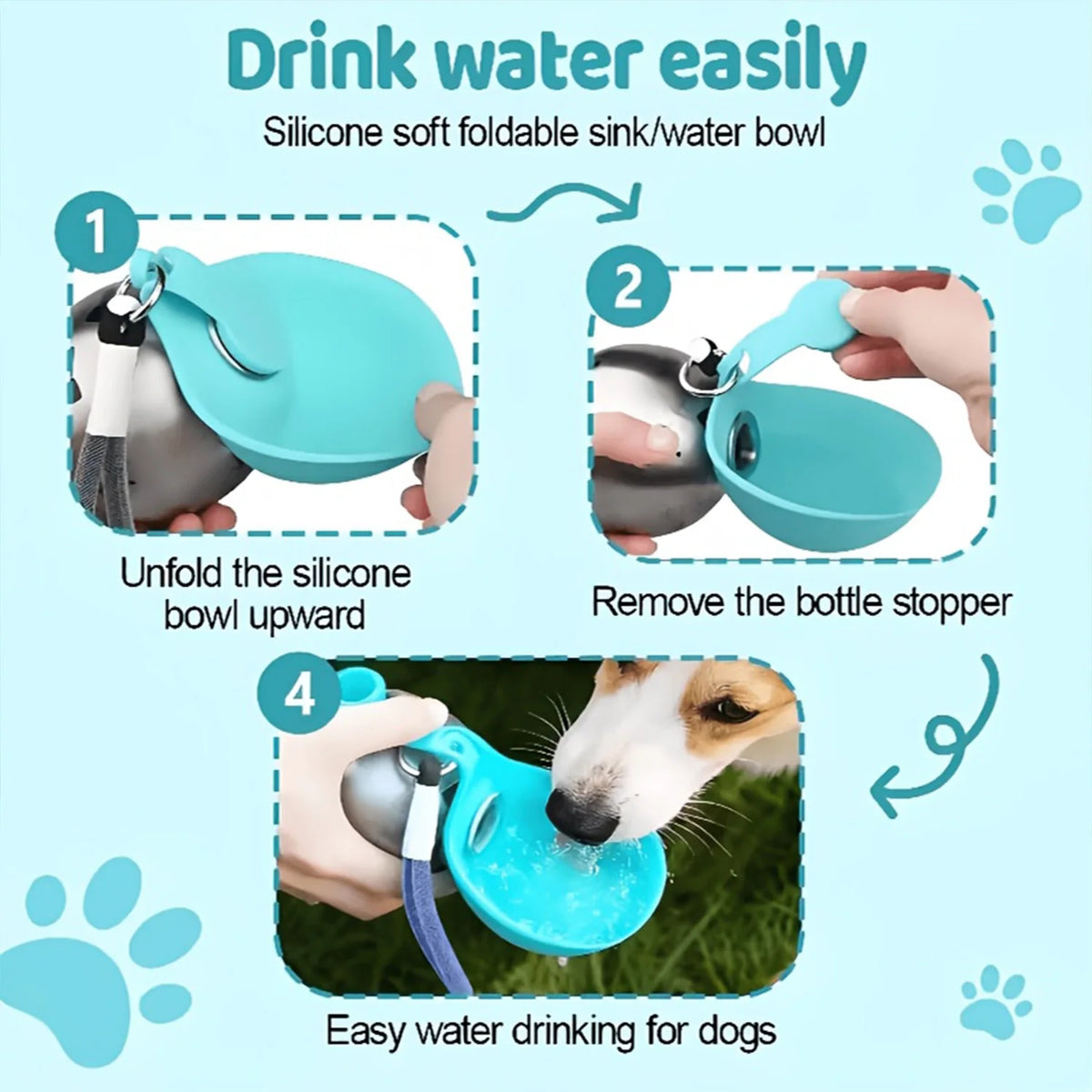 Portable I YAN pet water bottle with detachable bowl and wrist strap, leak-proof travel dispenser for pets on the go.