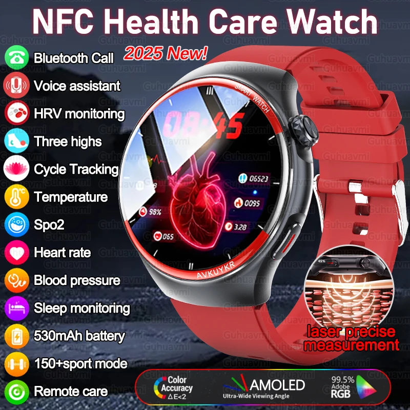 Sapphire Glass Laser Detection Health Smartwatch Men Precise Heart Rate Blood Pressure 150+Sports Bluetooth Call NFC Smart Watch