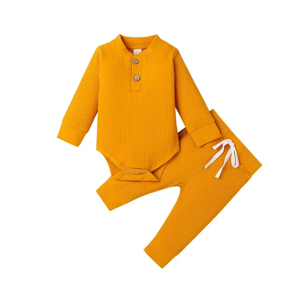 Infant baby girl and boy spring autumn ribbed and plaid long sleeve bodysuits with elastic pants 2-piece outfit by I YAN