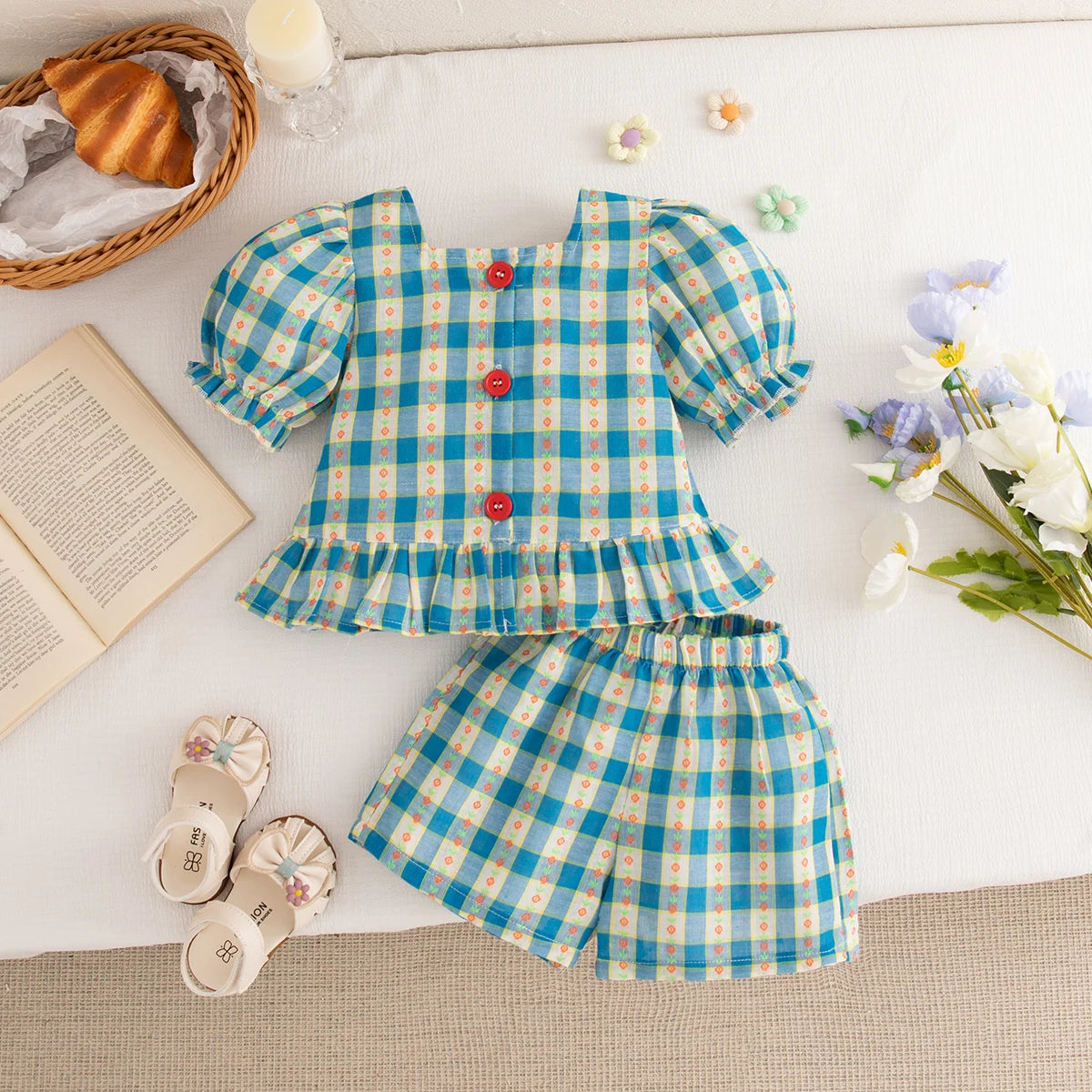 Cute baby girl summer outfit by I YAN with plaid bubble sleeve top and matching shorts, perfect for ages 0-3.