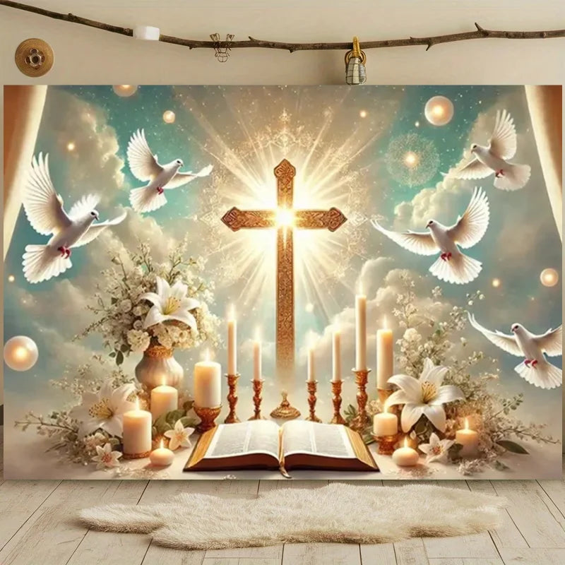 First Holy Communion Backdrop Flower Gold Cross Decor Boy Girl Baby Shower My Baptism Birthday Party Photography Background Prop