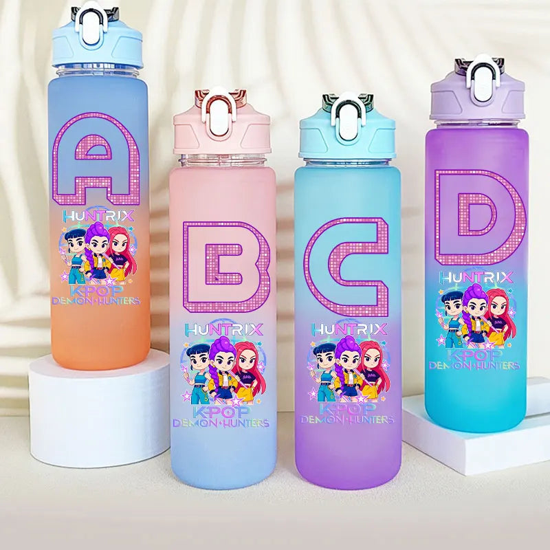 Kids water bottle by I YAN featuring Kpop Demon Hunters design, 750ml capacity, with warrior letter and number graphics.