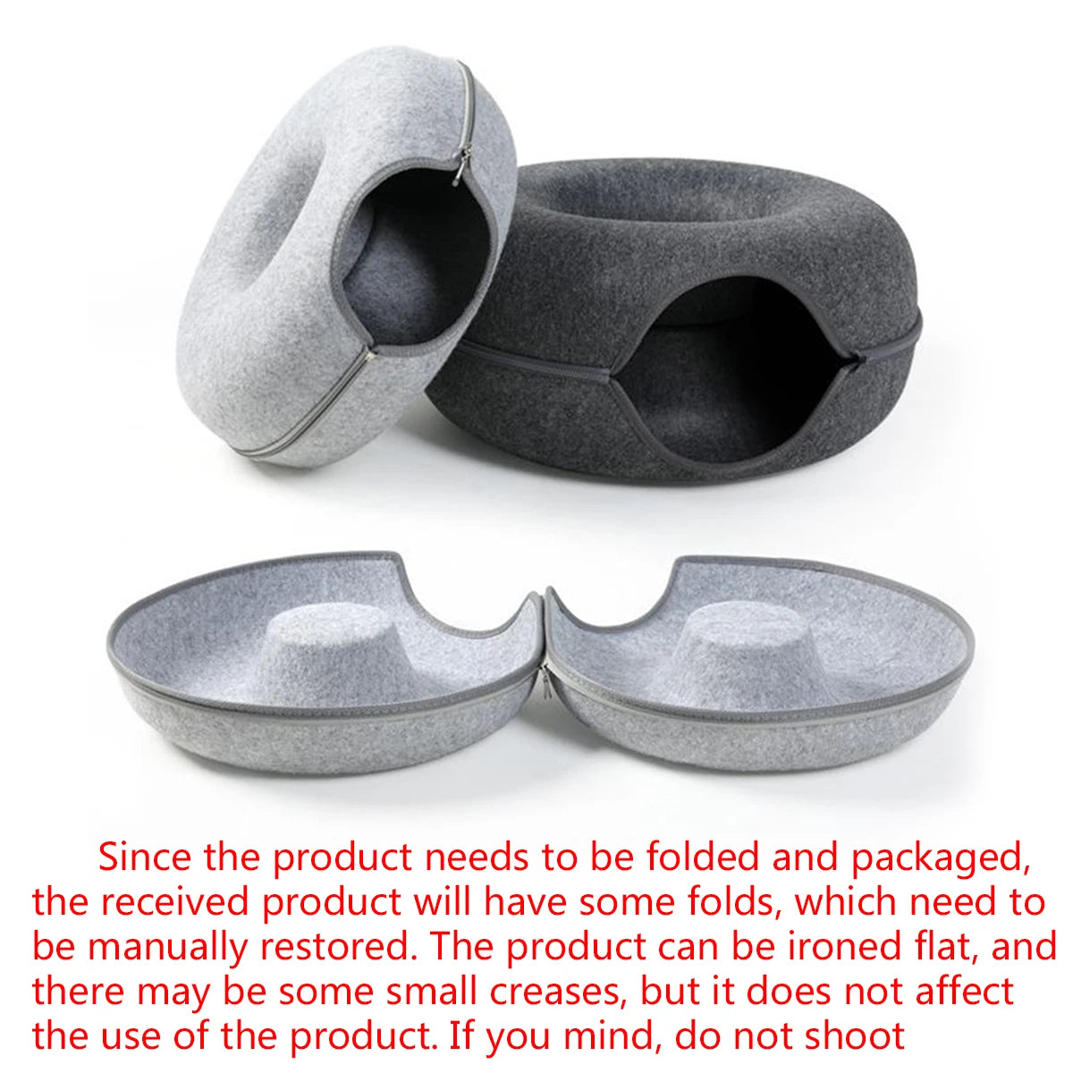 Interactive round cat tunnel and nest by I YAN, featuring felt material, donut shape, and scratching area for kittens and cats.
