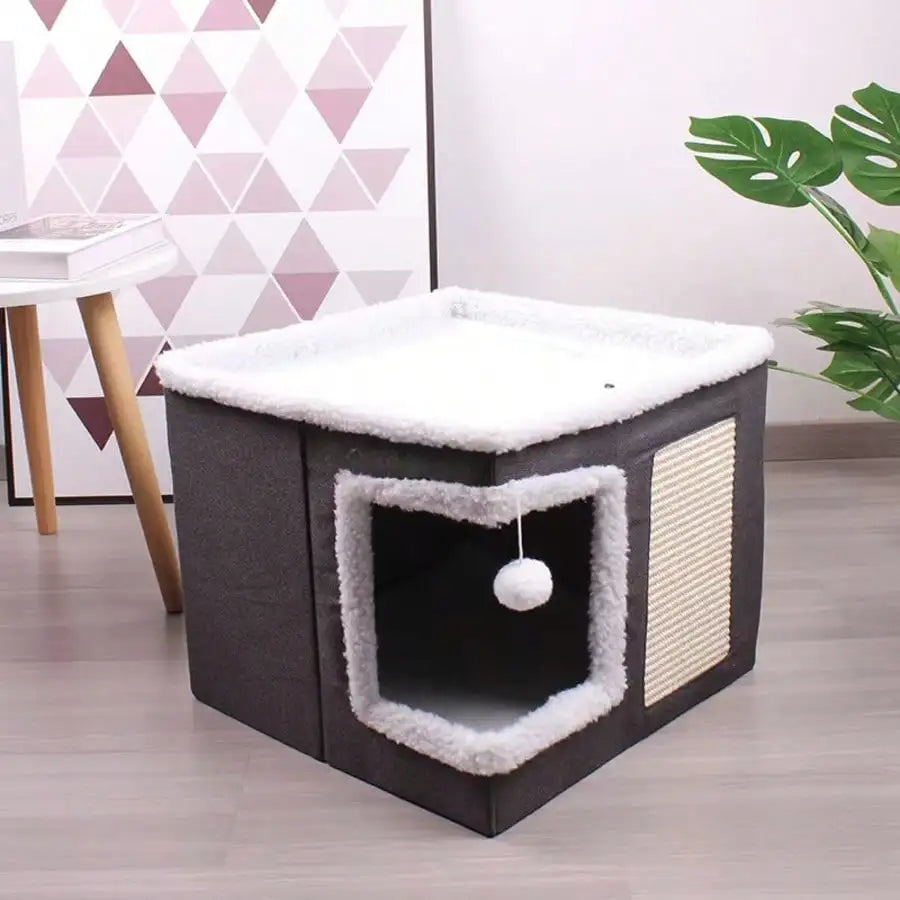 Large Foldable Cat Cave House Bed For Indoor Cats Dual Layer Cat Hideaway With Hanging Fluffy Pom Pom Toy & Built-In Sisal Scratch Pad Soft Cozy Pet Cat Nest 16.5×16.5×13 Inches Grey