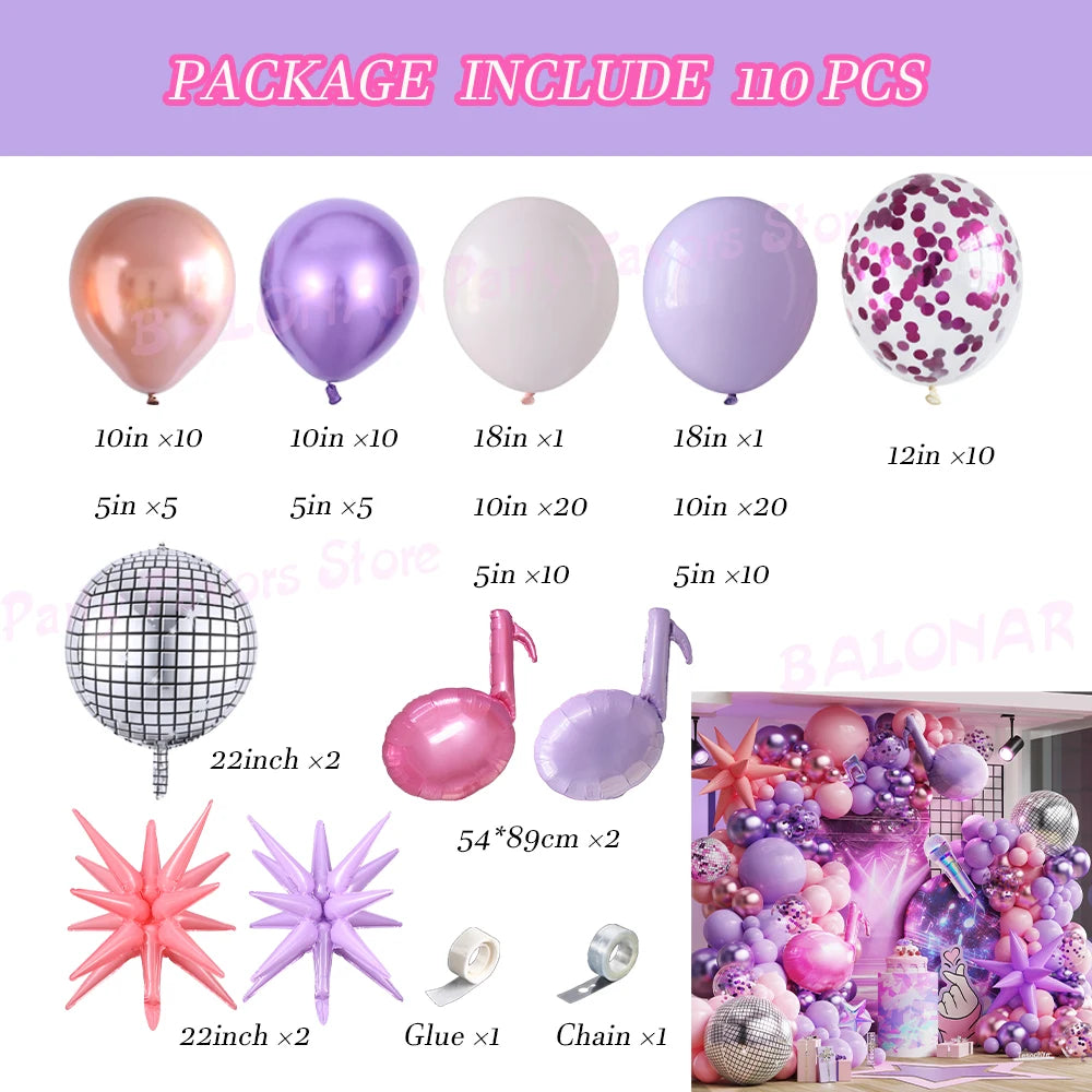 Hot Pink Purple Music Themed Balloon Arch Kit With Music Notes Microphone Mylar Balloon Period K-Pop Birthday Party Decor Globos