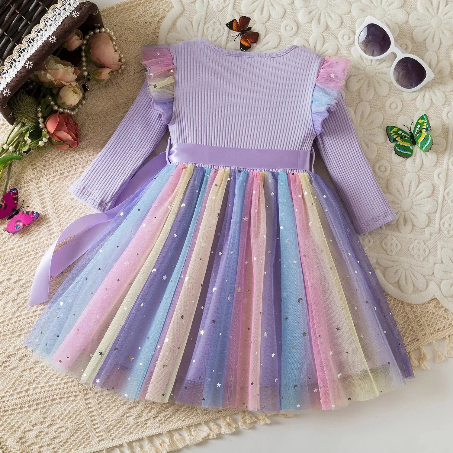K-Pop Hunters Rainbow Princess Dress for Girls Sequin Birthday Party Mesh Dress for Baby Casual Long Sleeve Girls Dresses 1-5Y