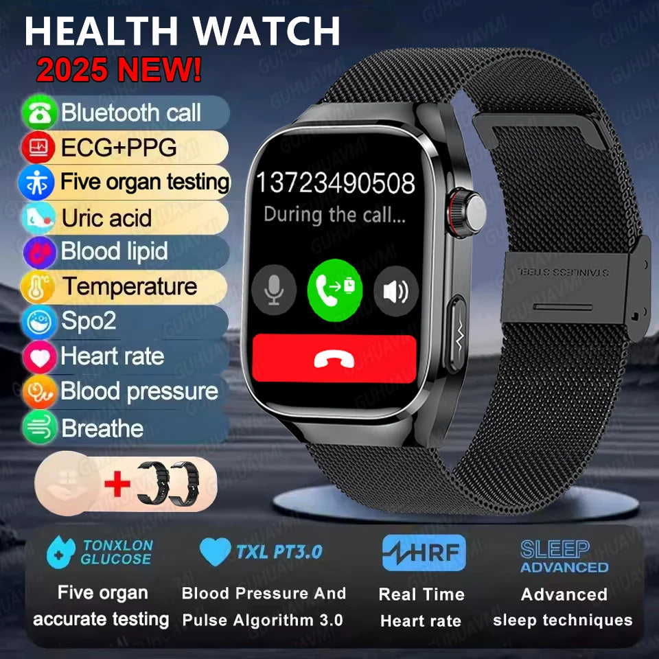 I YAN micro physical examination smart watch for men showing digital display of uric acid, body fat, and health metrics with Bluetooth call.
