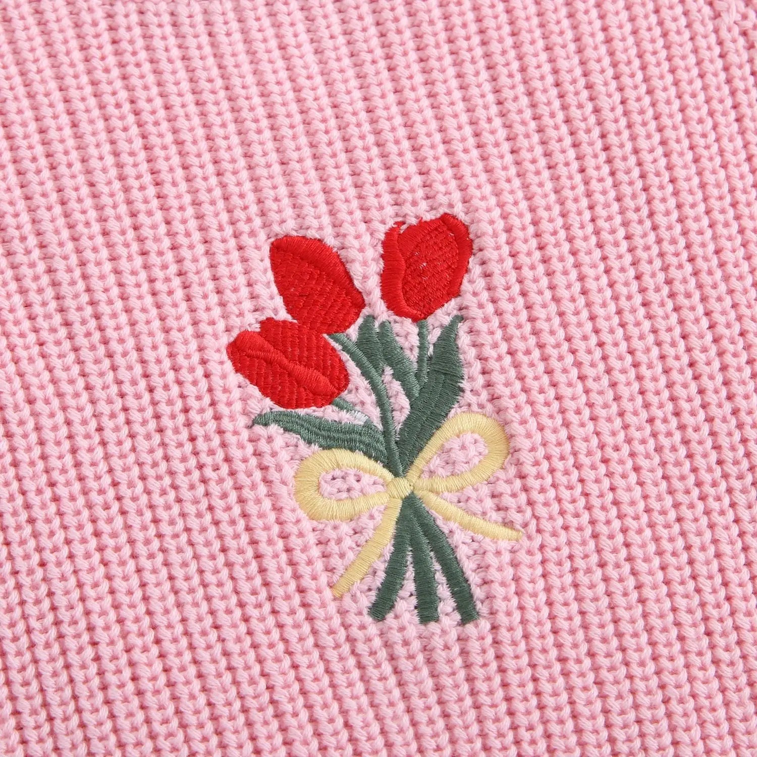 Girl Cotton Knit Pullover Embroidered Tulip Flower Sweater 2026 Spring Autumn 0-5Y Children Long Sleeve Clothing