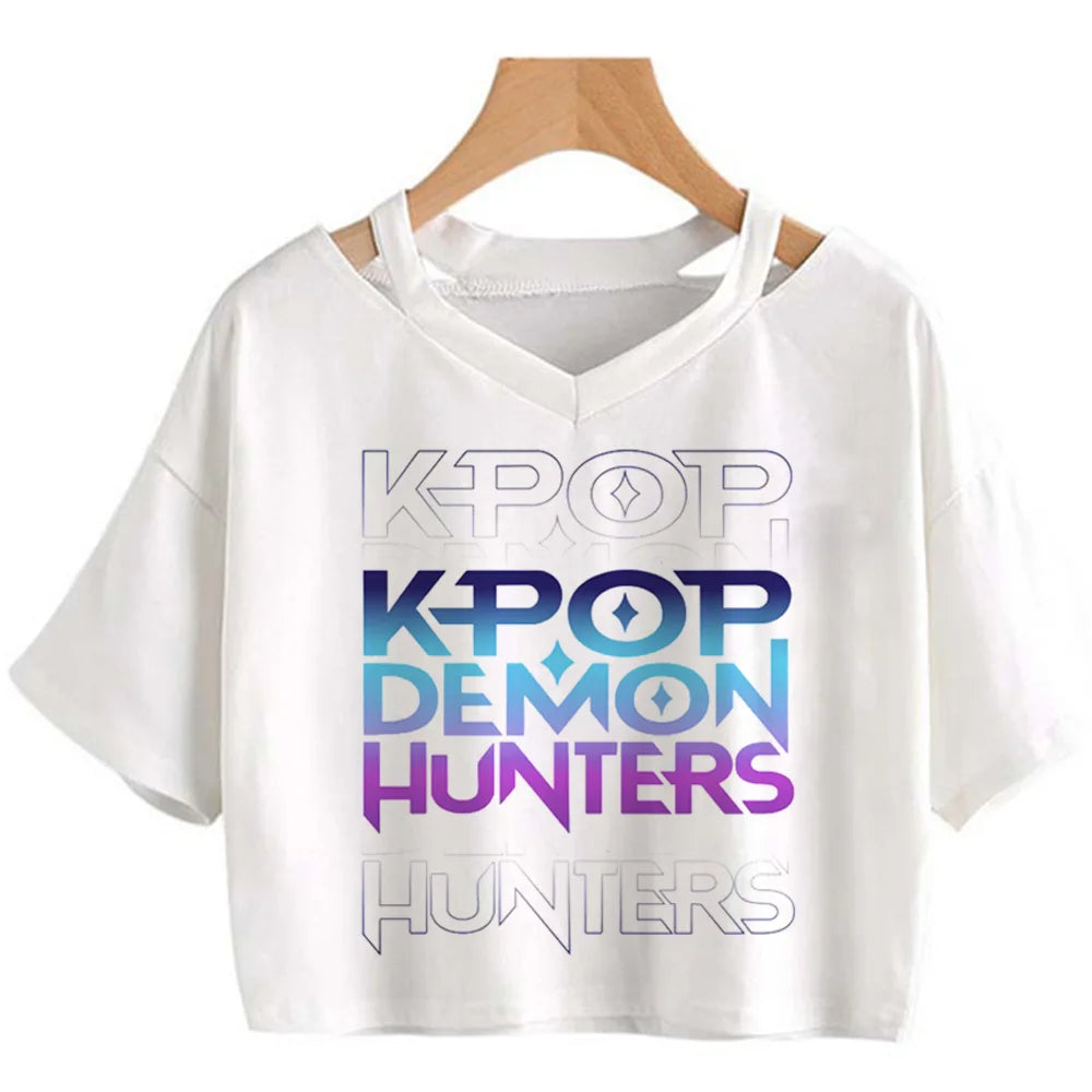 Kpop Demon Hunters Girls O-Neck Casual Women Summer Shirts Crop T-shirt