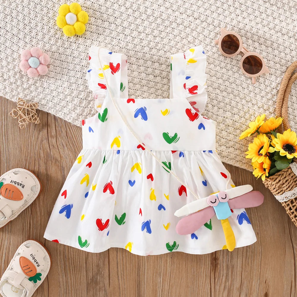 Colorful baby girl summer dress by I YAN for ages 0-3, with a cute dragonfly crossbody bag and playful design.