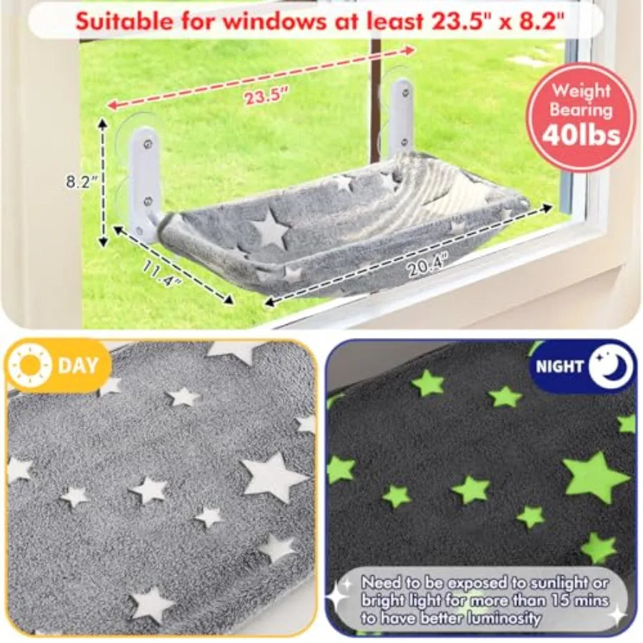 I YAN cat window perch with glow-in-the-dark cord, foldable pet hammock bed, sturdy metal frame, Gowing pattern for comfortable resting