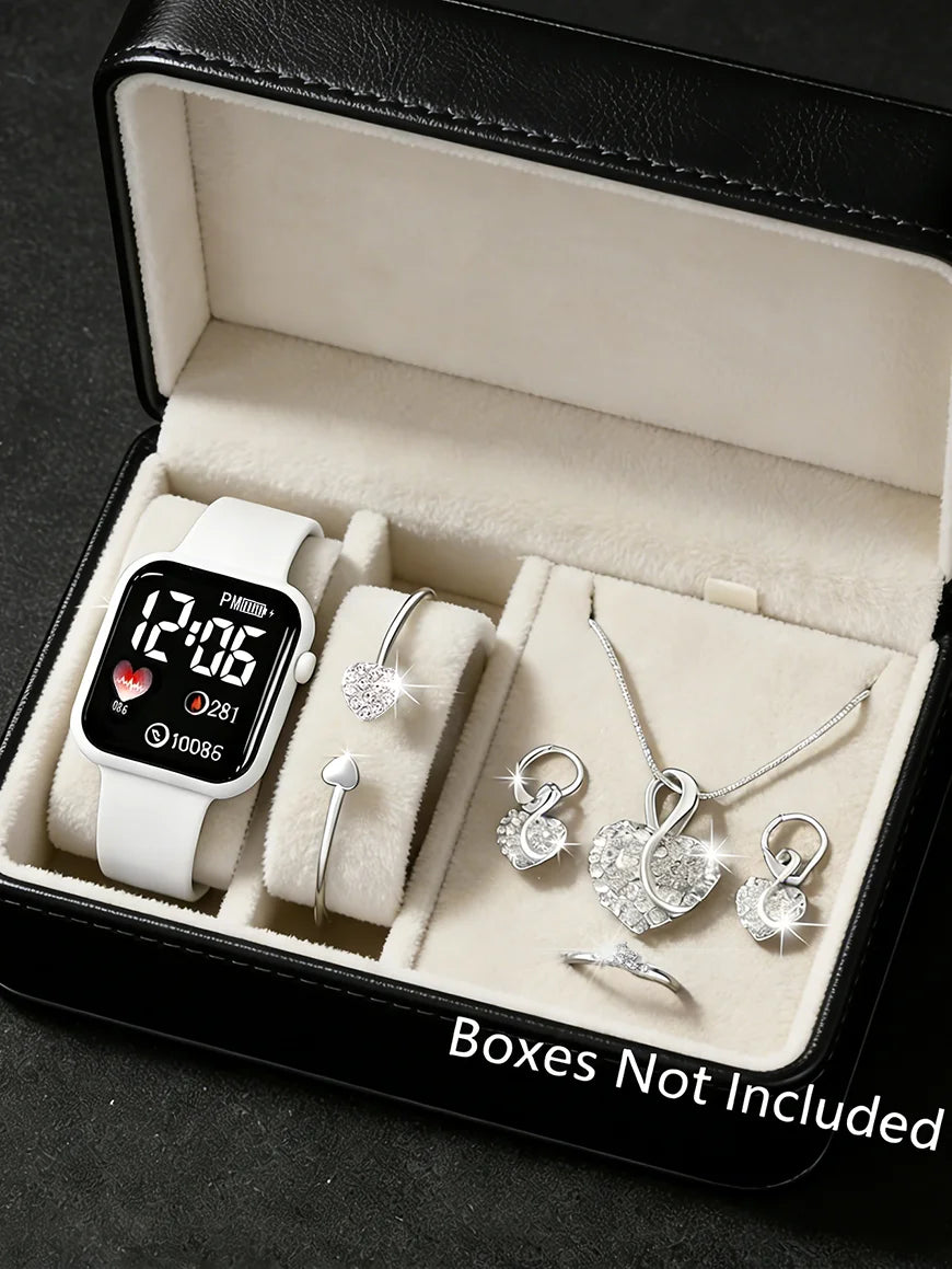White Square Watch Set with Heart-Shaped Accessories Ideal Valentine's Day Gift Birthday Present Packaging Not Included