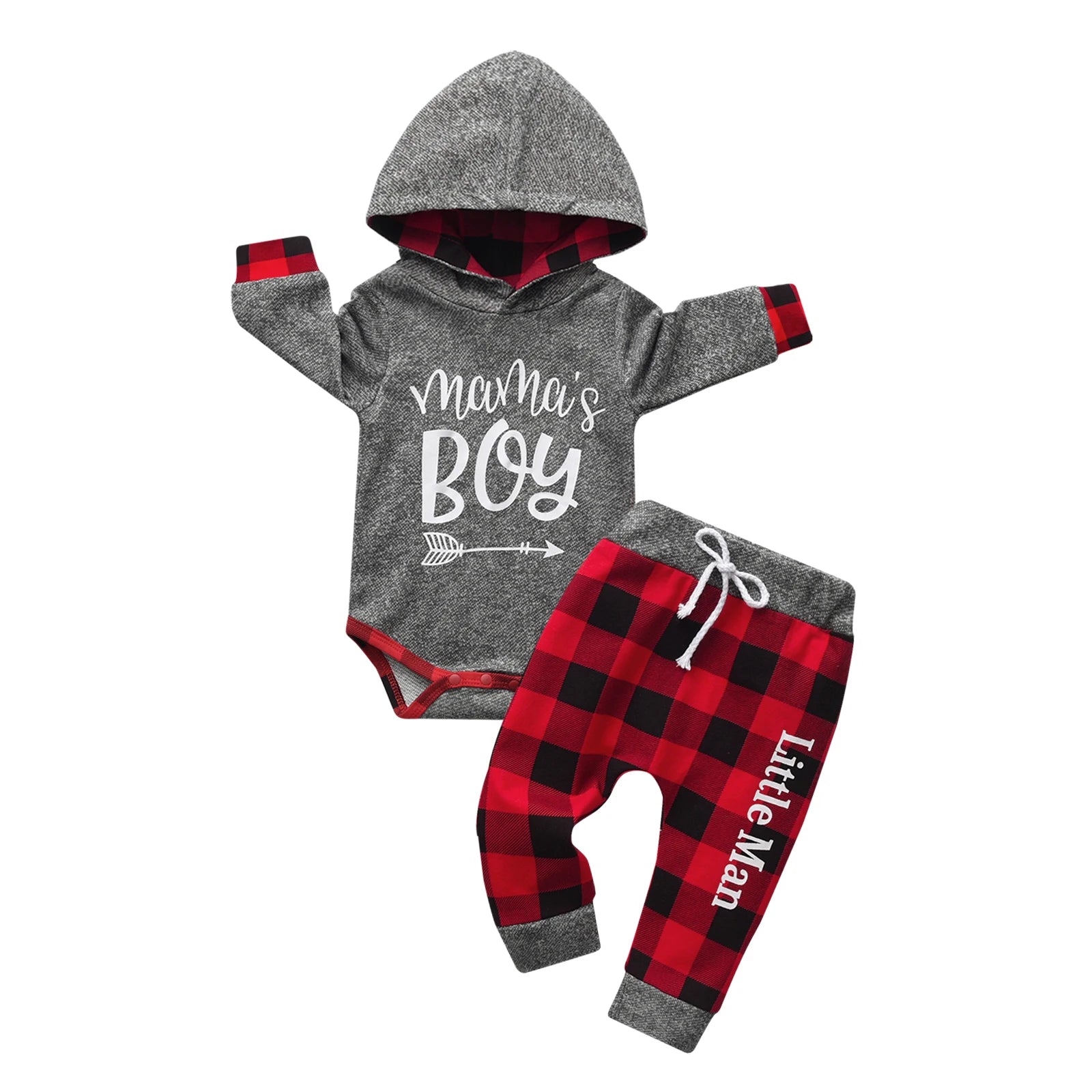 Baby boy in I YAN "Mama's Boy" hoodie and plaid pants, fall winter 2-piece outfit set, cozy and stylish for cold weather.
