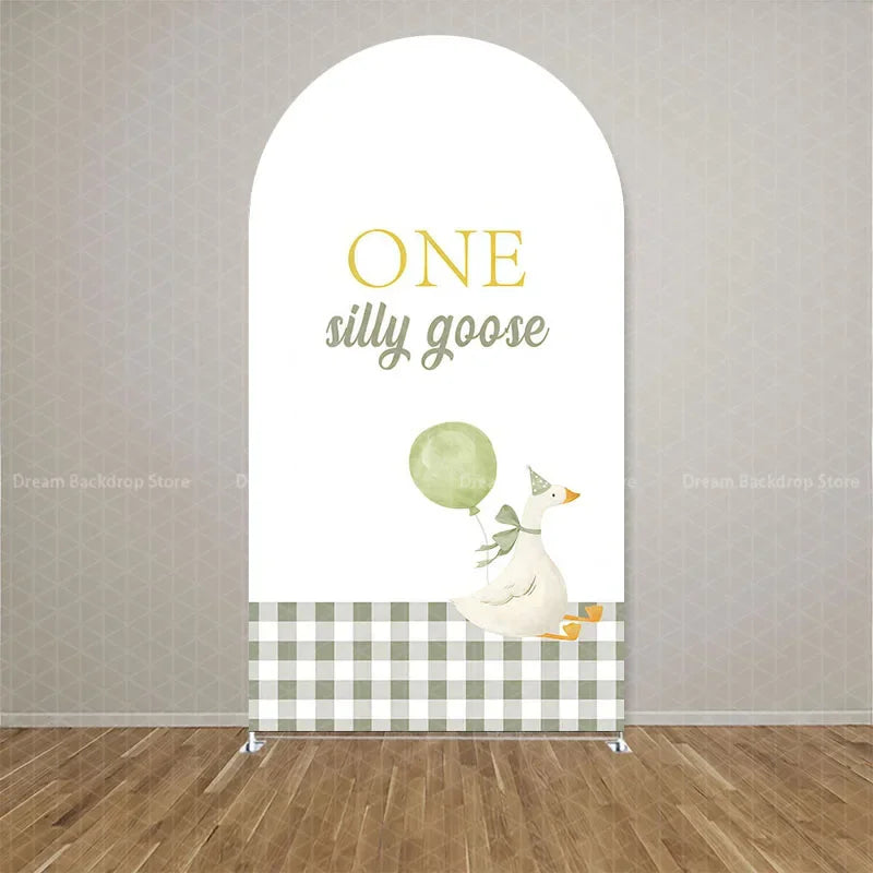Custom 2-Sided Green Plaids One Silly Goose Pattern Arch Backdrop Cover Kids Birthday Party Baby Shower Decoration Background