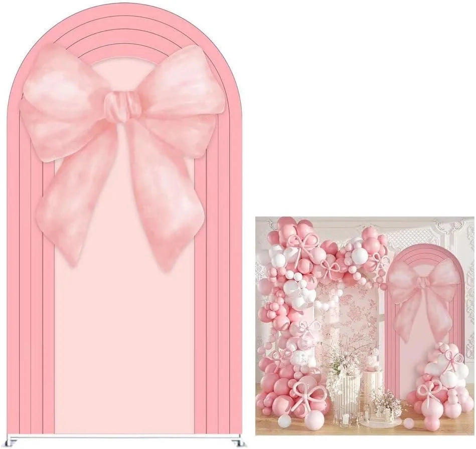 Mehofond Custom 2-Sided Pink Floral Pattern Stripe Girls Birthday Party Baby Shower Covers Chiara Arch Background Decor Backdrop