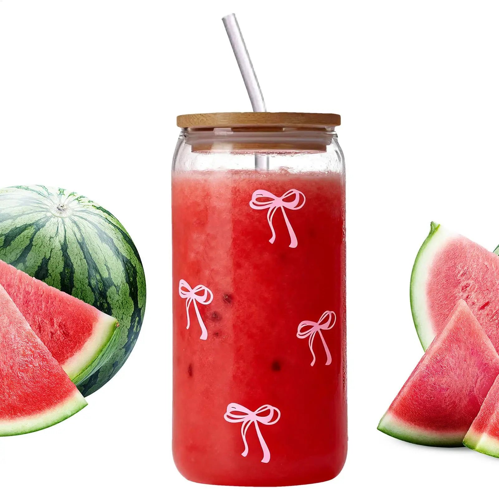 Bow Shape Glass Cup with Lid Straw 500ml Cute Aesthetic Drinkware Iced Coffee Tumbler Matcha Tea Bottle for Women Girls Gift