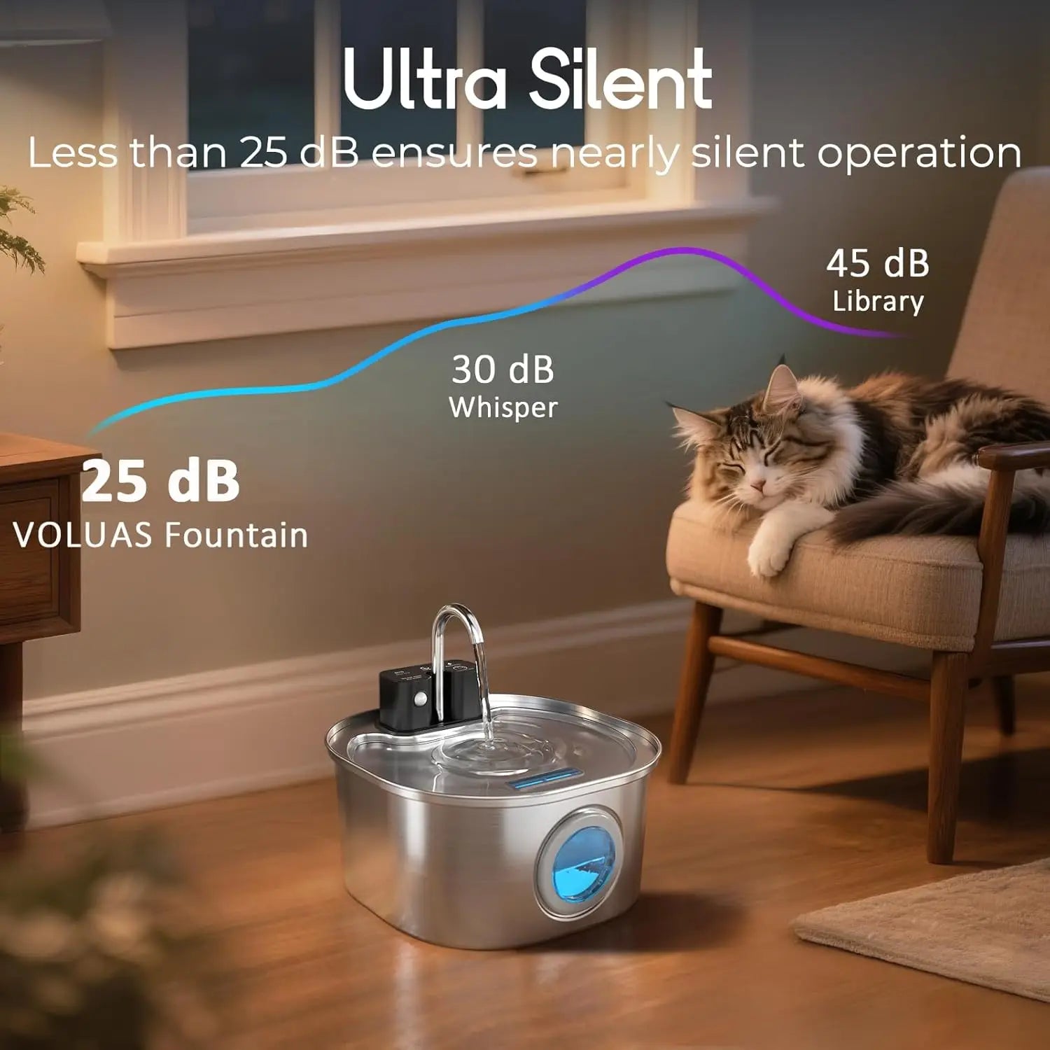 3.2L Automatic Cat Water Feeder with Motion Sensor Wireless Stainless Steel Pet Water Fountain Dog Water Bowl（No 5V 1A Plug）