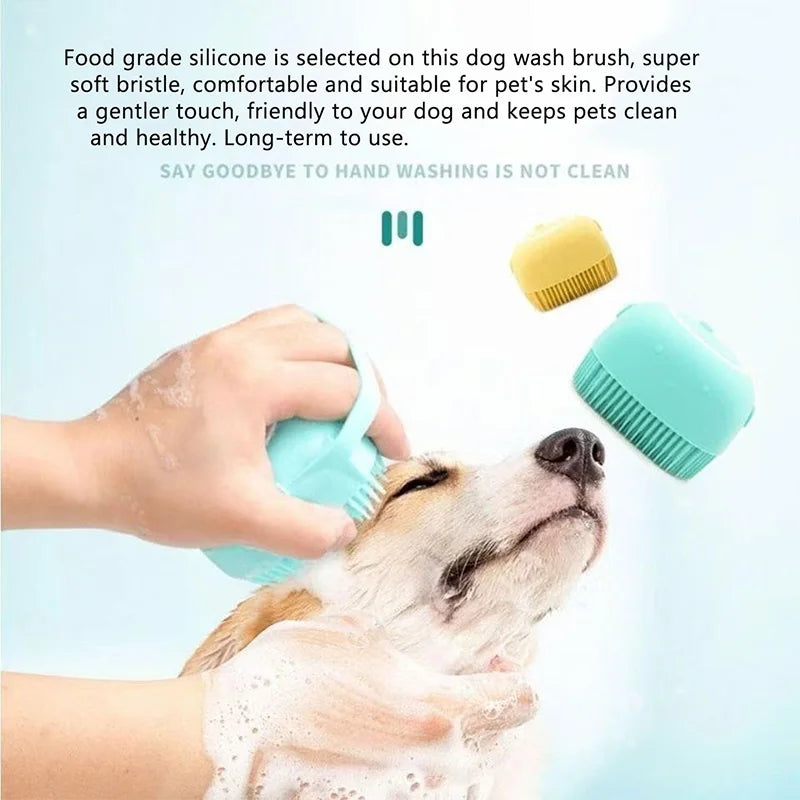 I YAN pet bath massage brush with shampoo dispenser, a 2-in-1 grooming tool for dogs and cats with soft bristles and ergonomic design.