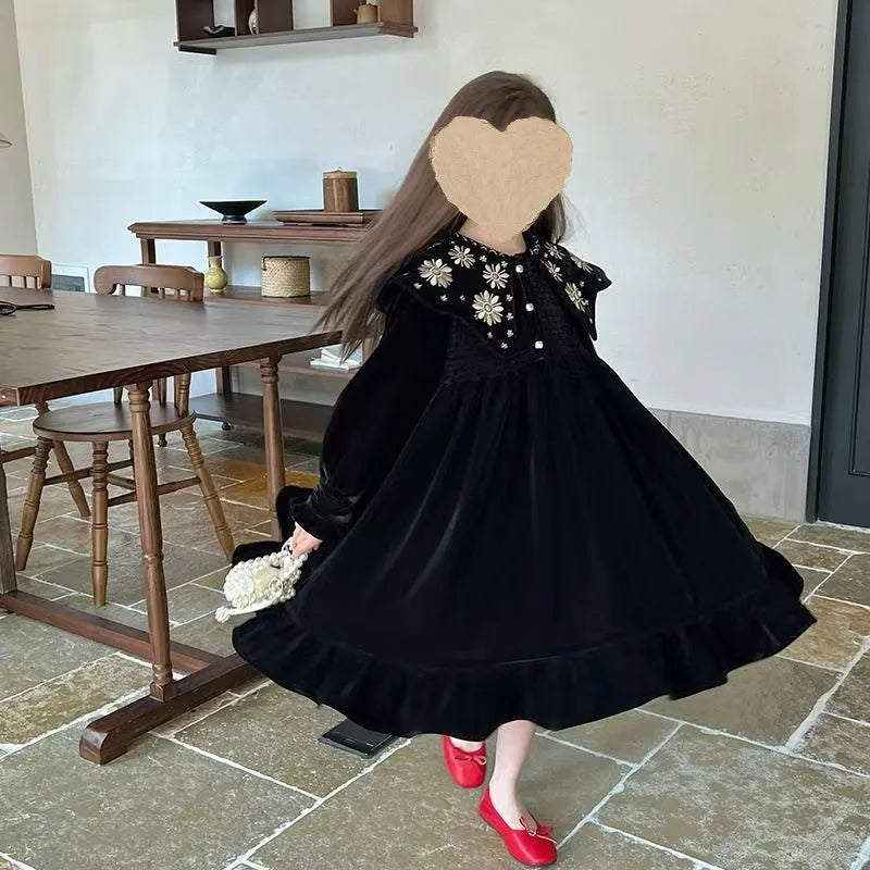 Fashion Girl Dress Thicken Velour Embroidery Sweet Kids Dress Long Sleeves Black Children Christmas Princess Dress