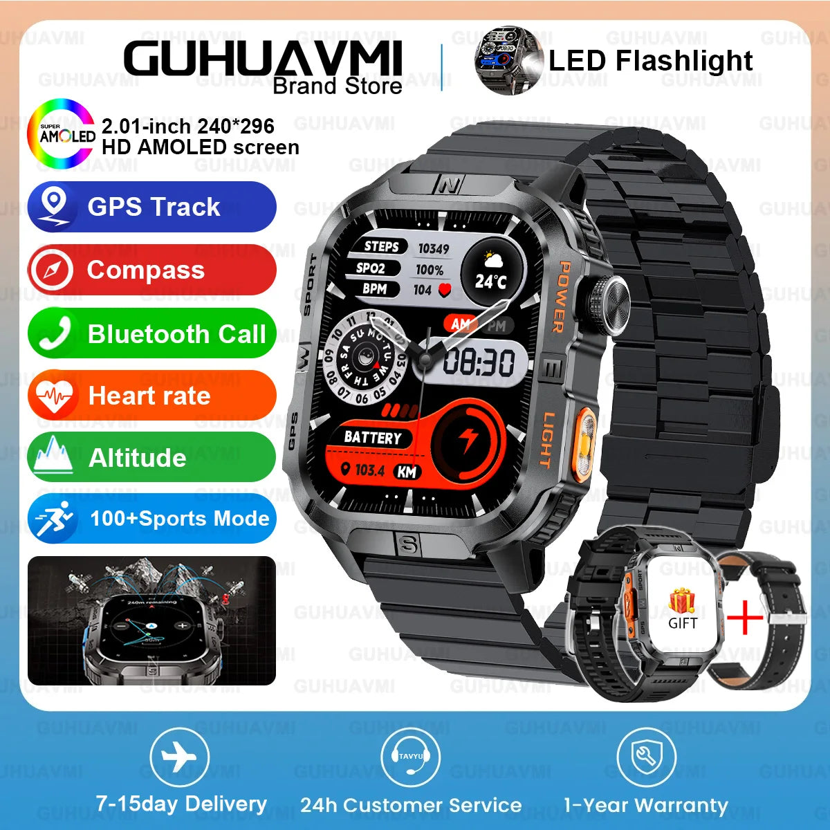 New Dual-Band Satellite GPS Smart Watch Men 2.01'' HD Screen Compass Military Flashlight Watches Waterproof Swim Smart Bracelet