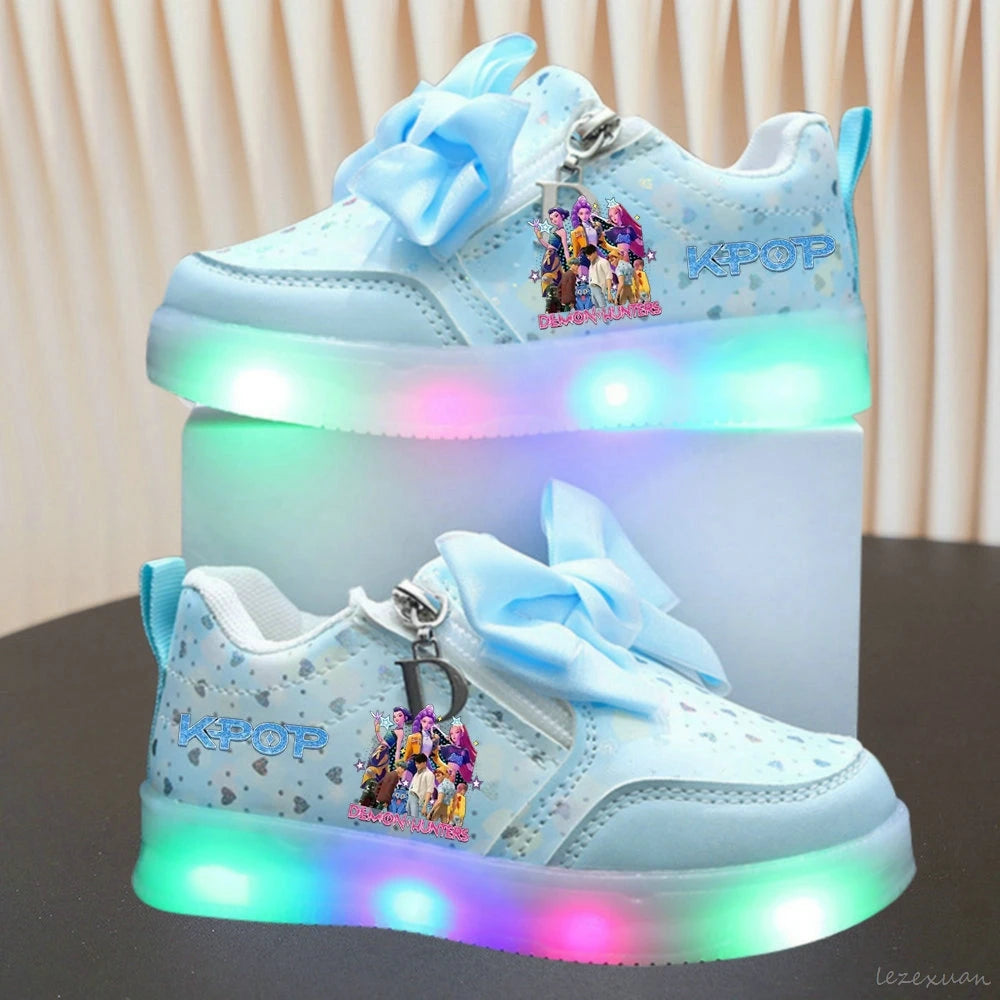 LED Casual Sneakers For Spring Girls KPop Demon Hunters Printed Mesh Breathable Shoes Children Lighted Non-slip Pink Purple