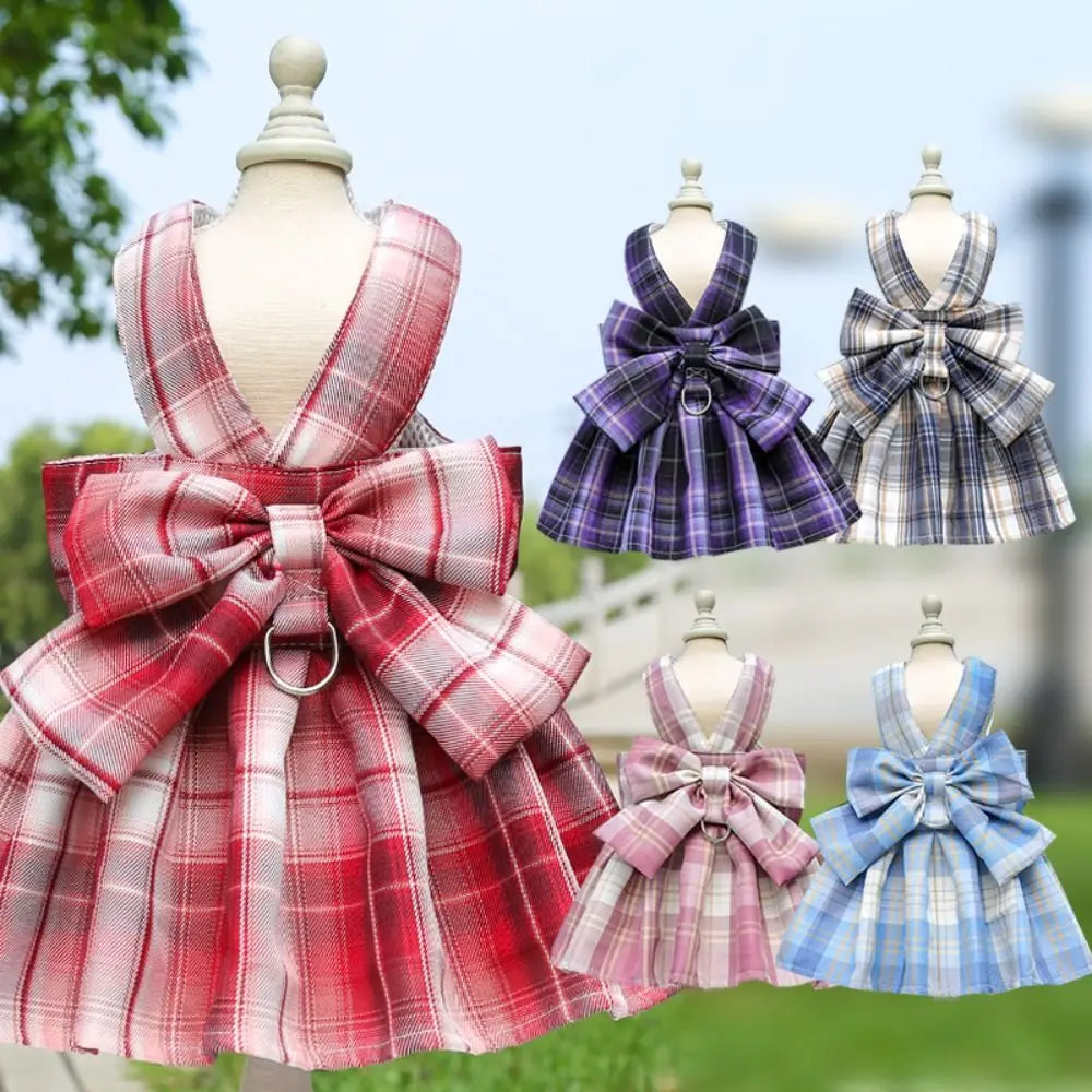 I YAN reusable dog harness with leash, plaid design, adjustable washable pet skirt with bow, perfect for small dogs or rabbits.