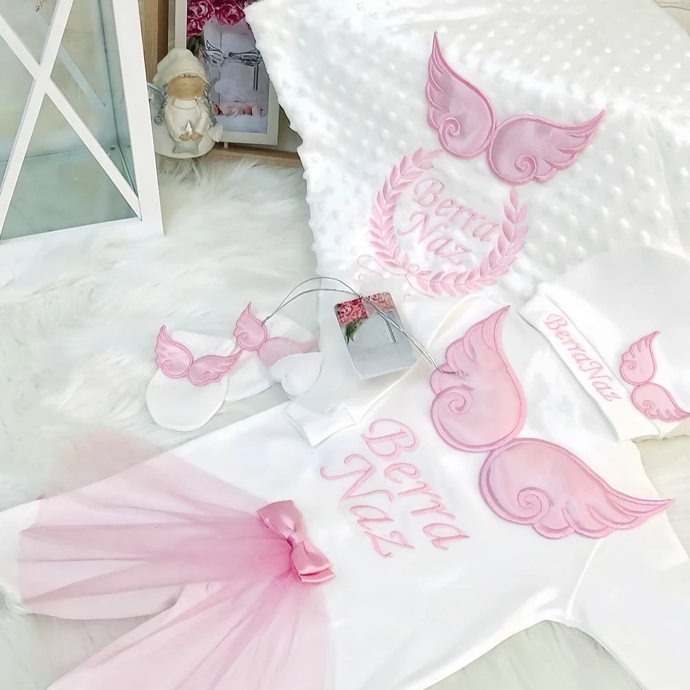 Personalized Angel Wings Newborn Gift Set – 5-Piece Embroidered Cotton Layette - I YAN
