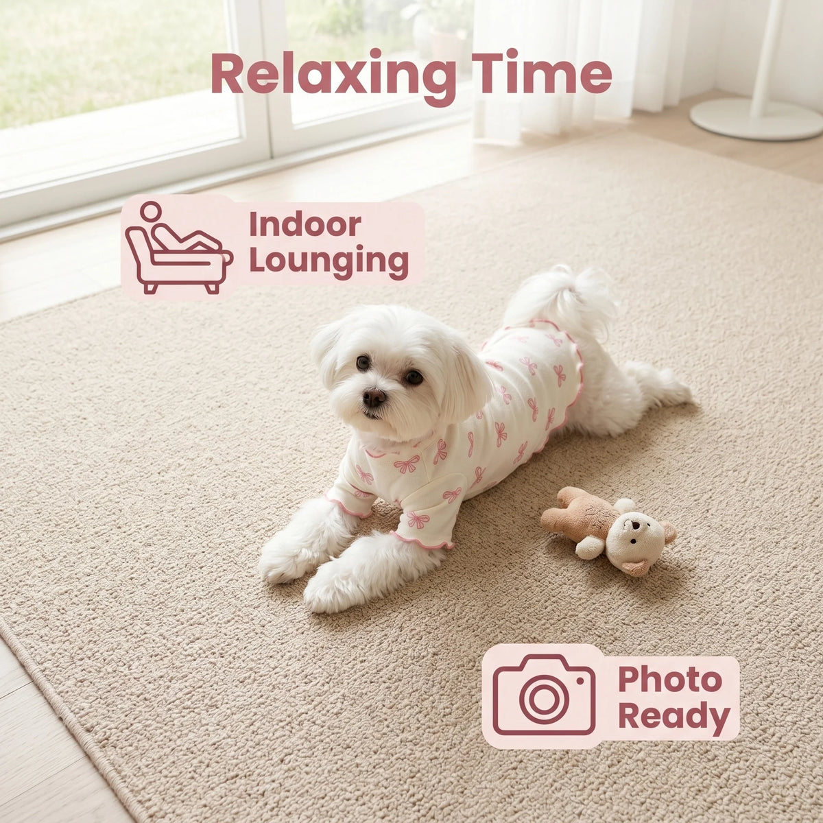Pet dog or cat knit sweater by I YAN with allover print and pink bow tie, breathable and comfortable for pets.