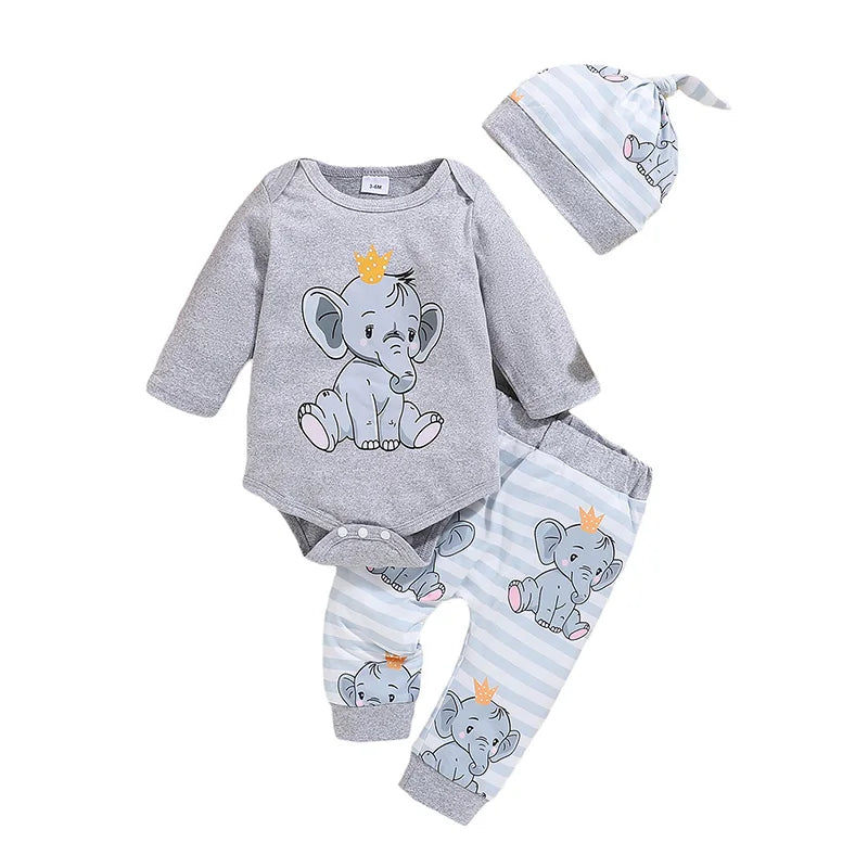Baby Elephant Print Outfit Set 3-Piece – Romper, Pants & Hat - I YAN